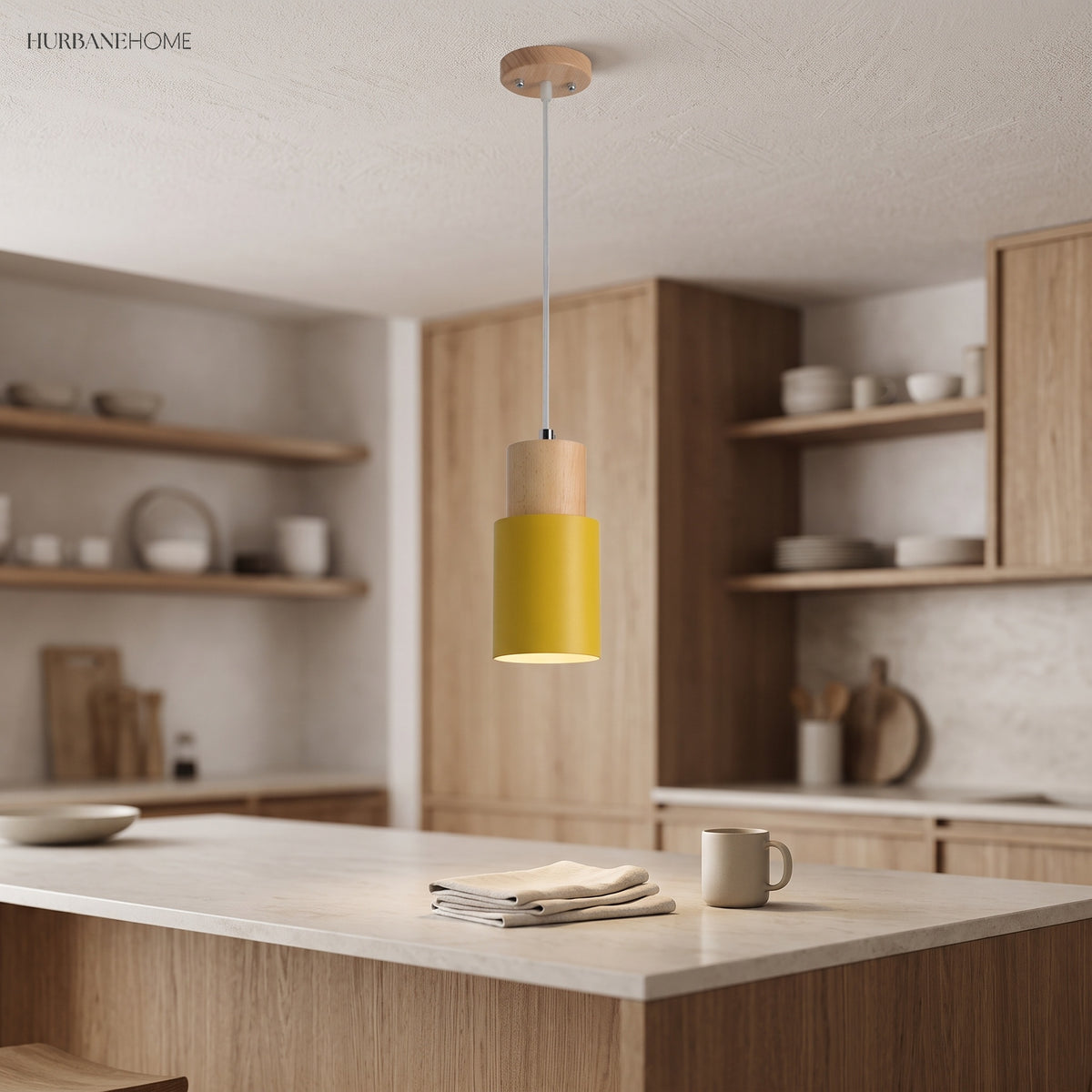 Yellow metal pendant over a kitchen island with open timber shelving