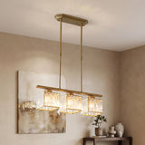 Minimalist Metal and Glass Pendant Chandelier - dark wood beam setting