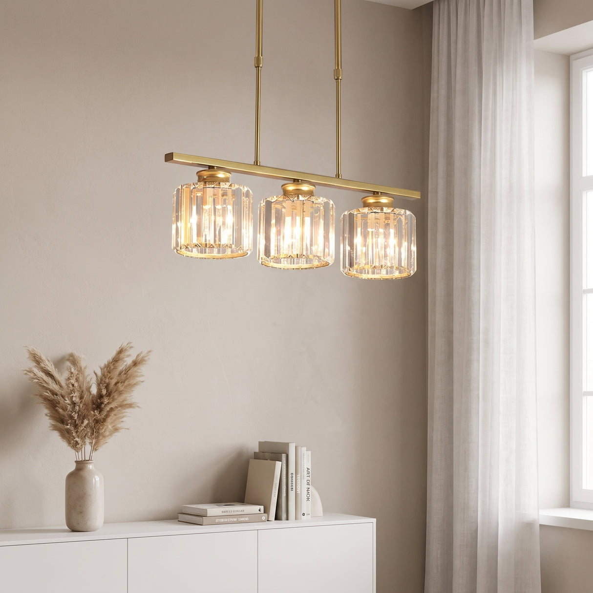 Minimalist Metal and Glass Pendant Chandelier - bright mirror room setting