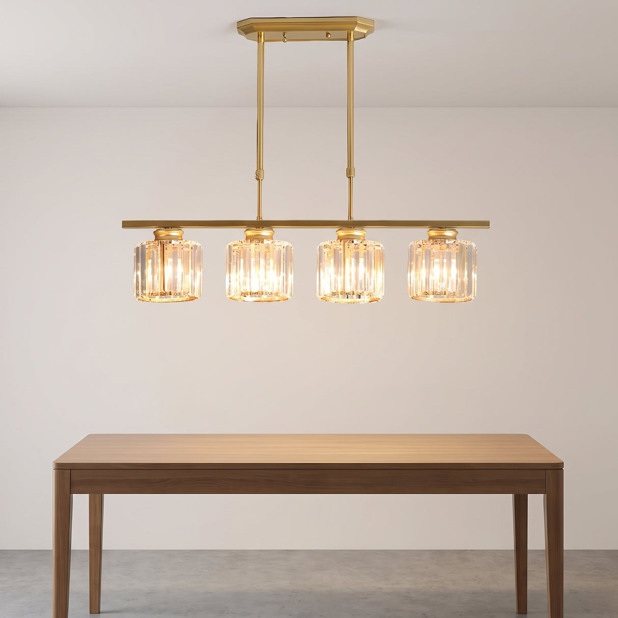 Minimalist Metal and Glass Pendant Chandelier - dark dining cabinet setting