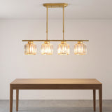 Minimalist Metal and Glass Pendant Chandelier - dark dining cabinet setting