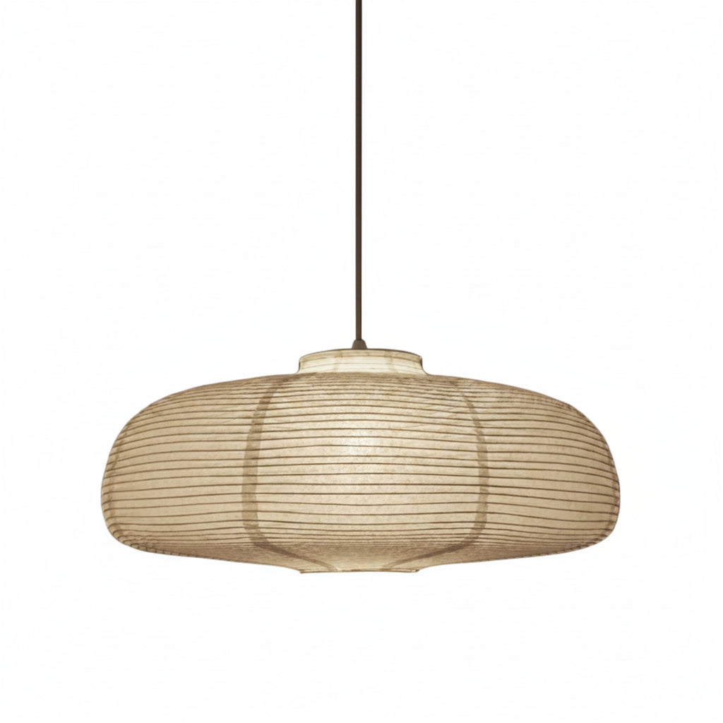 Wide disc paper lantern shade shown lit on a plain background