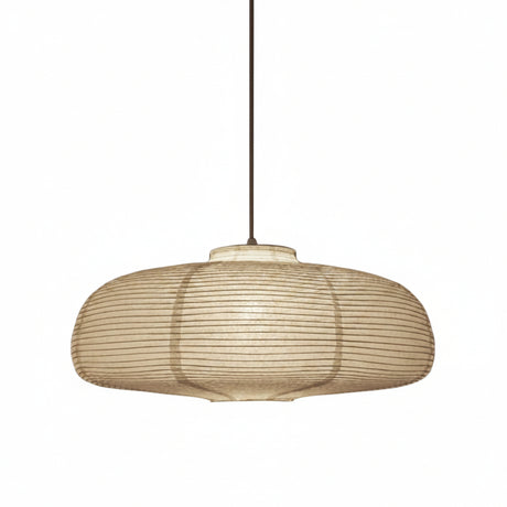 Wide disc paper lantern shade shown lit on a plain background