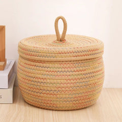 Large Round Cotton Rope Basket with Lid - Stylish Storage Solution - Wooven Storage Baskets - Hurbane Home
