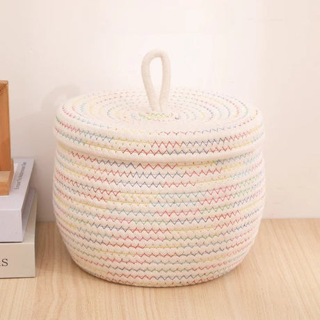 Large Round Cotton Rope Basket with Lid - Stylish Storage Solution - Wooven Storage Baskets - Hurbane Home