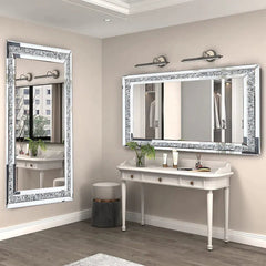 Large Silver Crystal Rhinestone Frameless Vanity Wall Mirror 48x24 - Hurbane Home