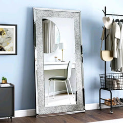Large Silver Crystal Rhinestone Frameless Vanity Wall Mirror 48x24 - Hurbane Home
