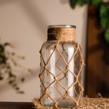 Hand-Woven Hemp Rope Glass Vase for Dry Flowers Boho Nordic