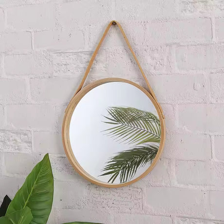 30cm large round bathroom mirror in natural wood color