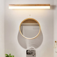 Straight wood vanity light lit above a round mirror and basin
