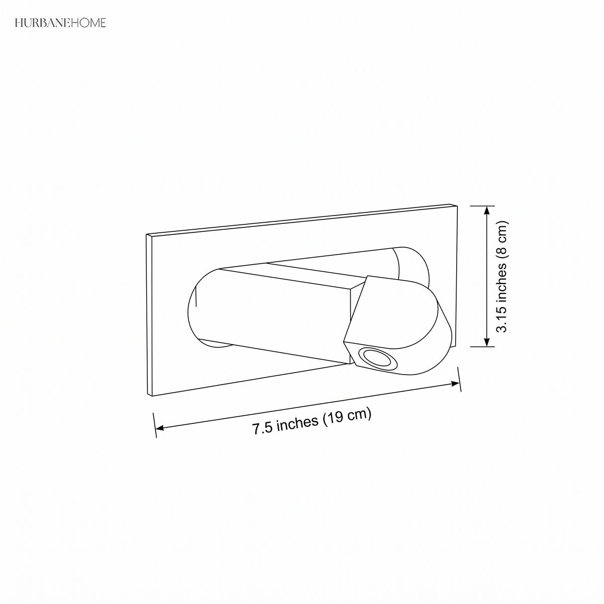 Line drawing of wall sconce, 3.15 inch height by 7.5 inch width