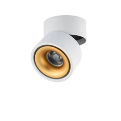 White ceiling spotlight with a gold inner ring seen from the front