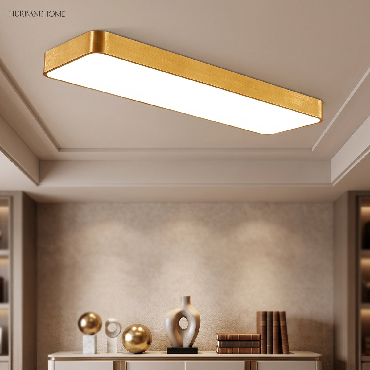 Gold LED ceiling panel lit above a console holding vases