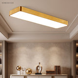 Gold LED ceiling panel lit above a console holding vases
