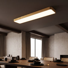 Gold rectangular LED ceiling panel lit above a dark dining table