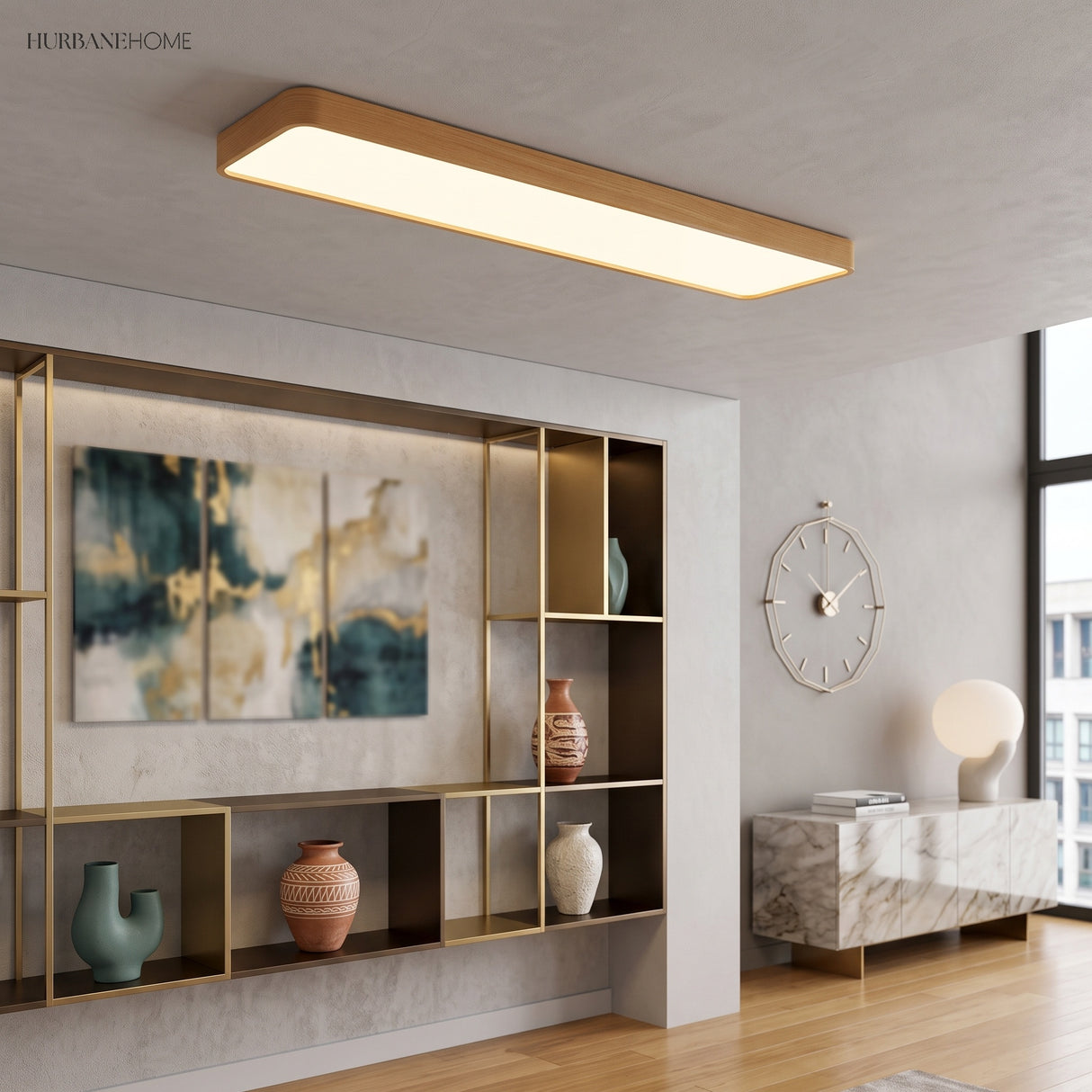 Gold LED ceiling panel lit in a room with shelving and artwork