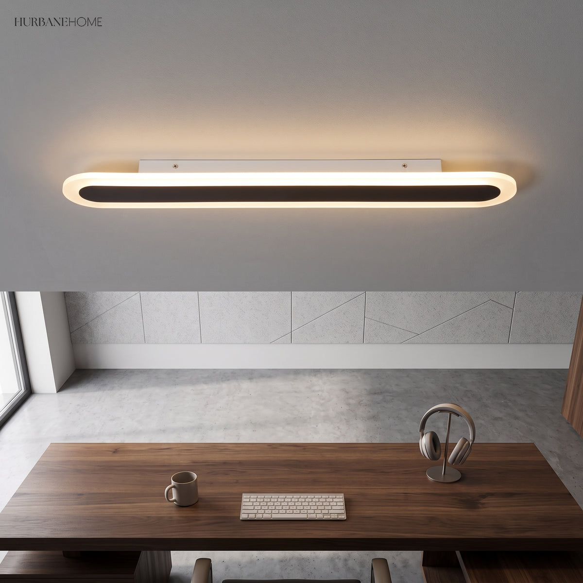 White ceiling light above a walnut desk and keyboard