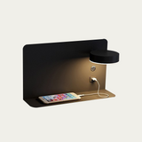 Close detail of black wall lamp push button and USB port