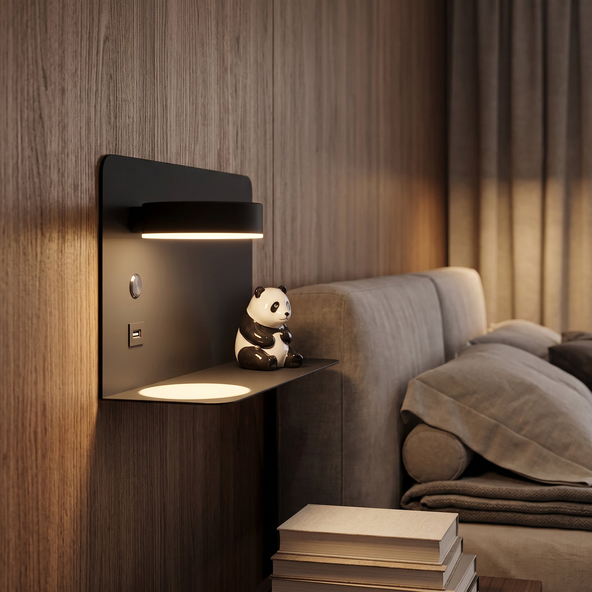Black rotating wall lamp with shelf beside a bed and sofa