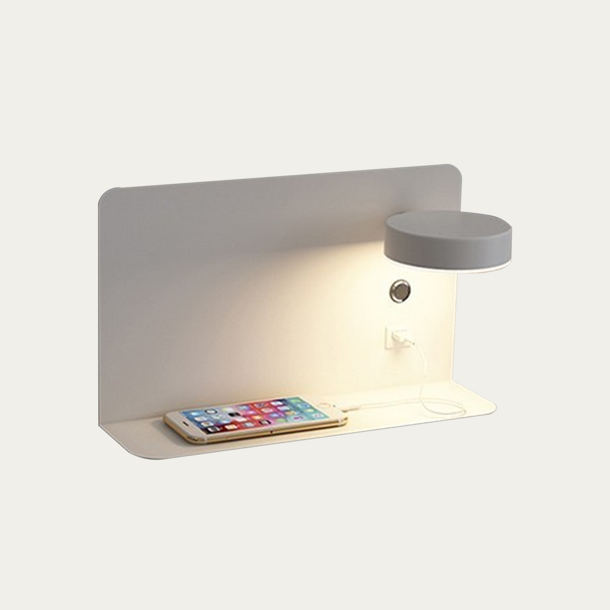 White wall lamp studio angle showing shelf and rotating head