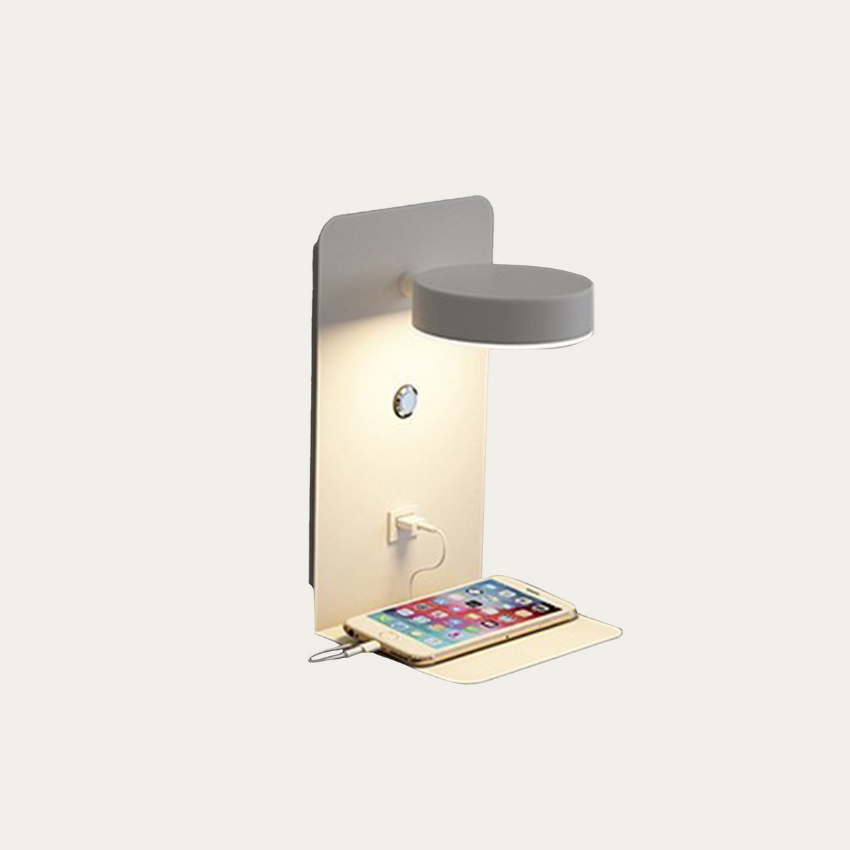 White wall lamp studio shot with round LED head and shelf