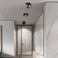 Black and white spotlights on a hallway ceiling beside a glass door