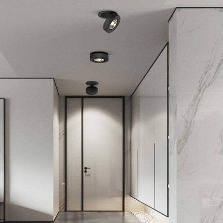 Black and white spotlights on a hallway ceiling beside a glass door