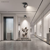 Black spotlight on a gallery ceiling lighting sculptures along a corridor