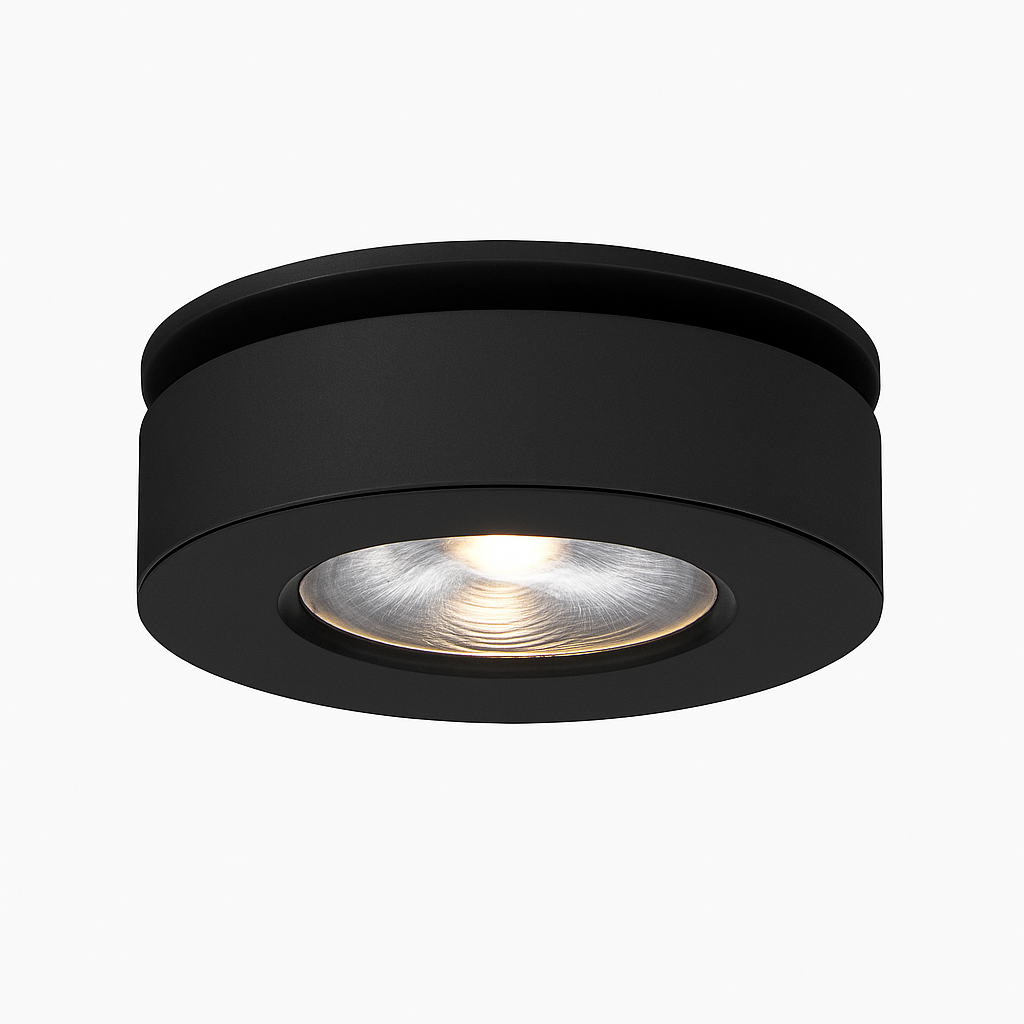 Product view of the black round spotlight with a recessed lens