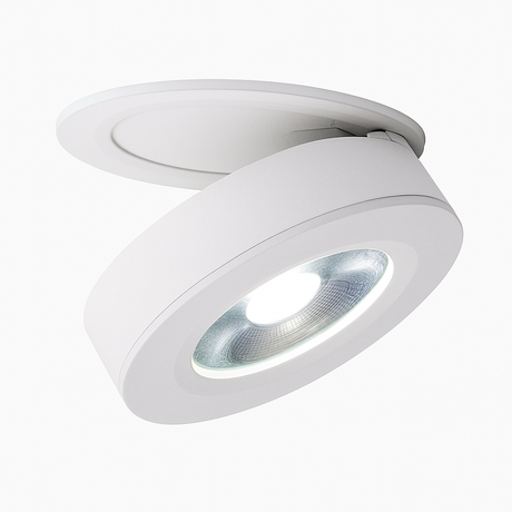 White spotlight tilted forward to show the lens and housing