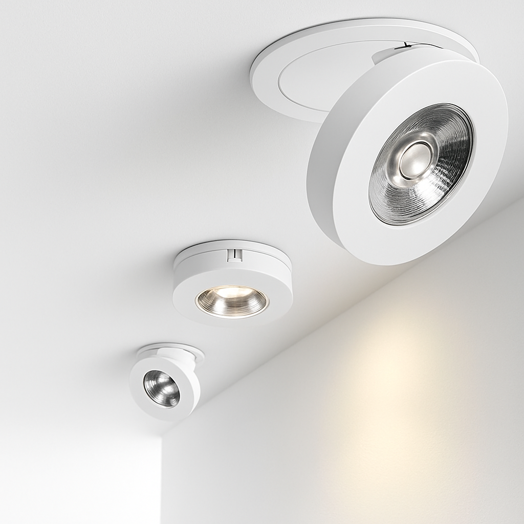 Three white spotlights tilted at different angles on a white ceiling