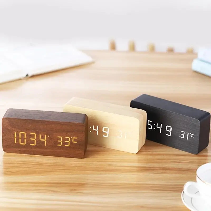LED screen clock with natural wood finish and date display