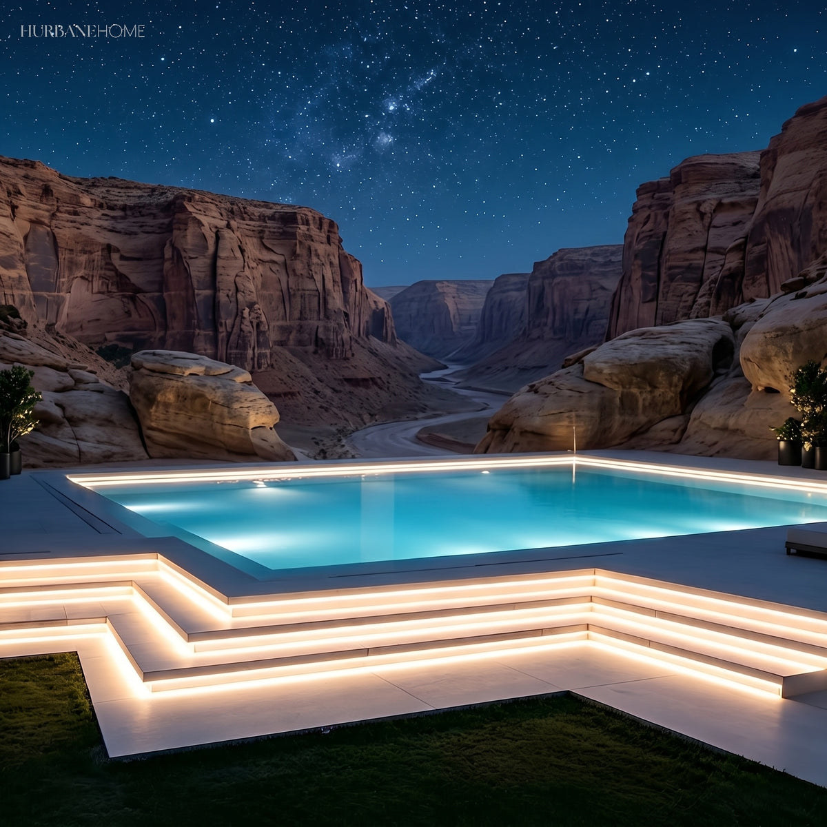Warm white strip lighting outlining the steps and coping of a pool at night