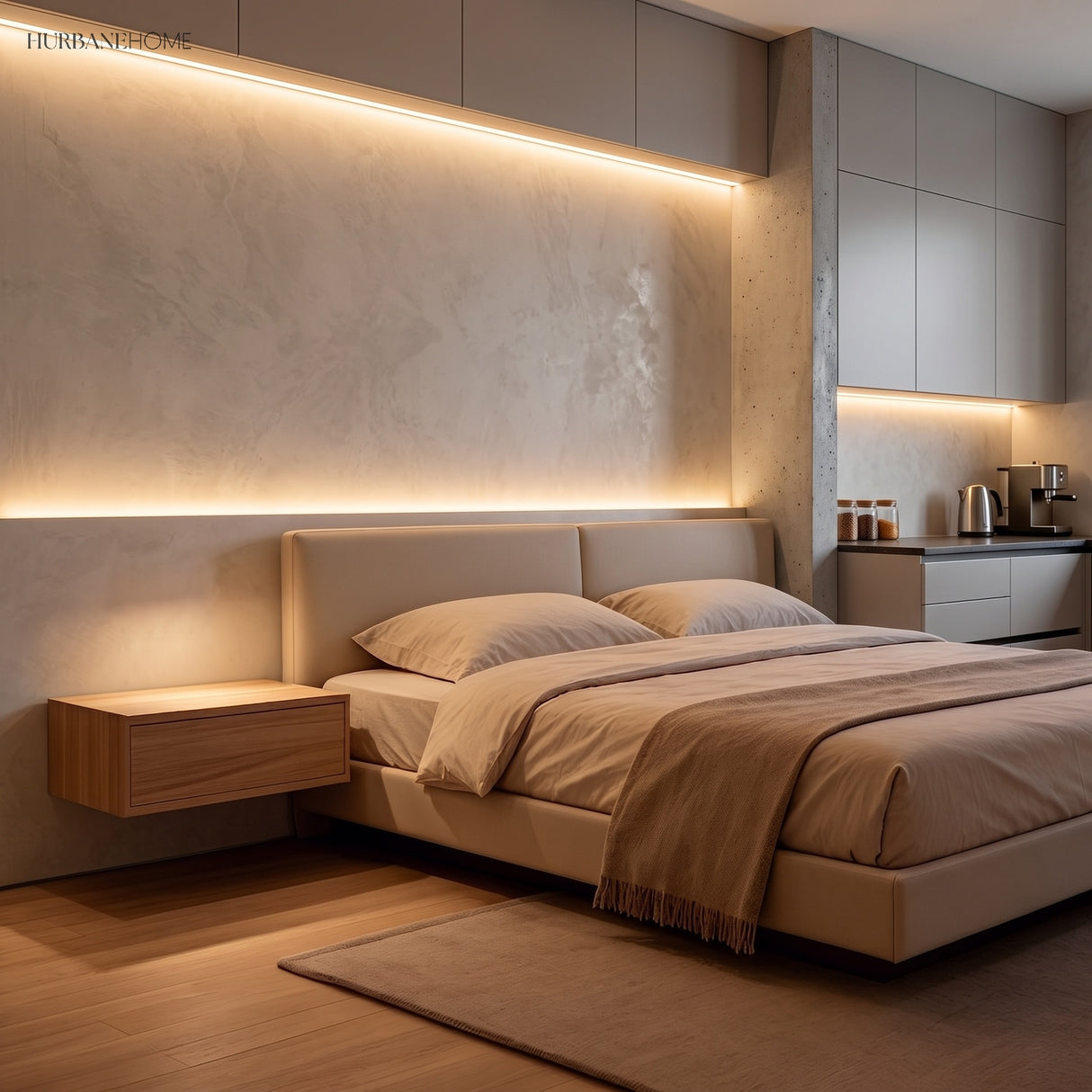 Bedroom with a long recessed cove light washing the wall behind the bed