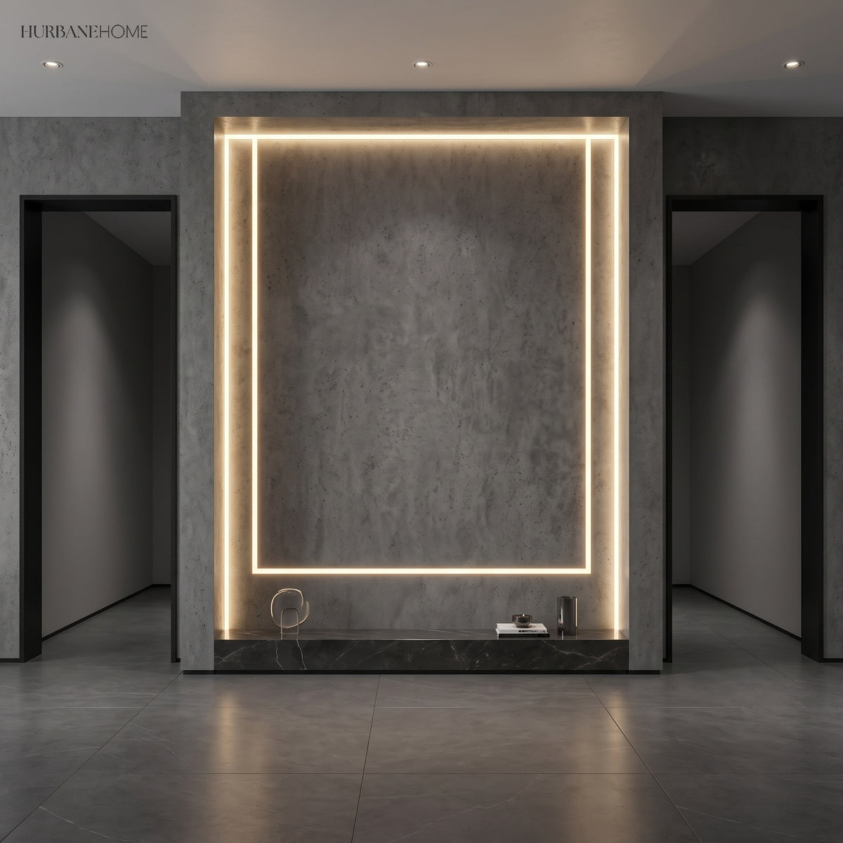 Stone lobby wall framed by a rectangle of recessed linear strip lighting