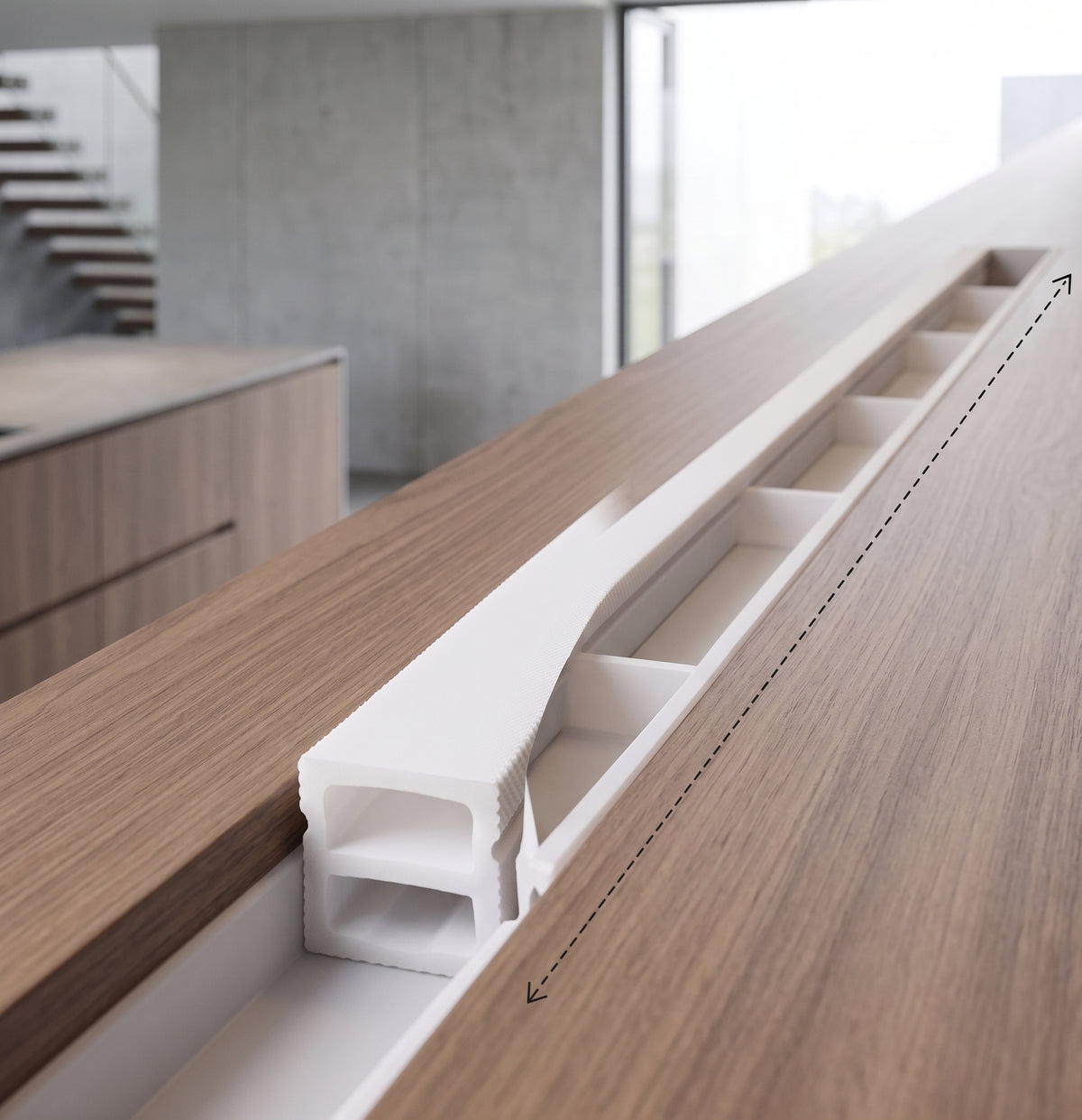 White silicone LED strip profile fitted into a groove under a counter