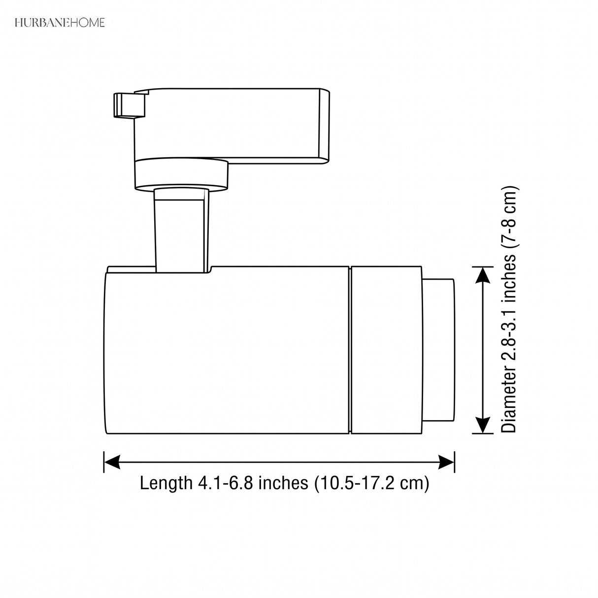 Line drawing of the spotlight head with length and diameter dimensions
