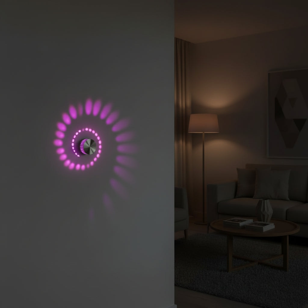 Close view of a pink spiral pattern thrown across a wall