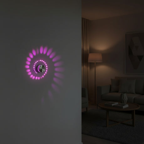 Close view of a pink spiral pattern thrown across a wall