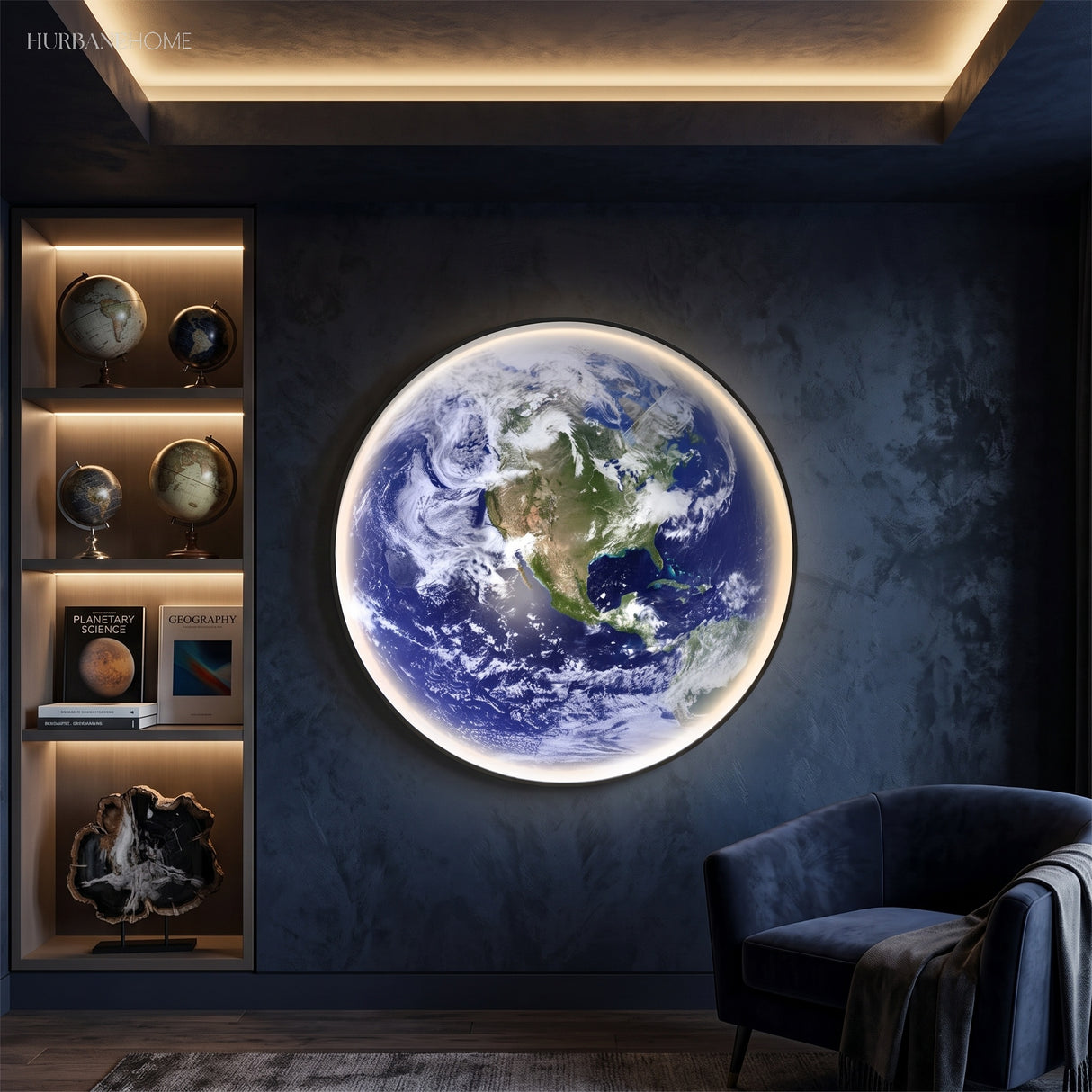Earth globe panel lit on a dark wall beside a telescope