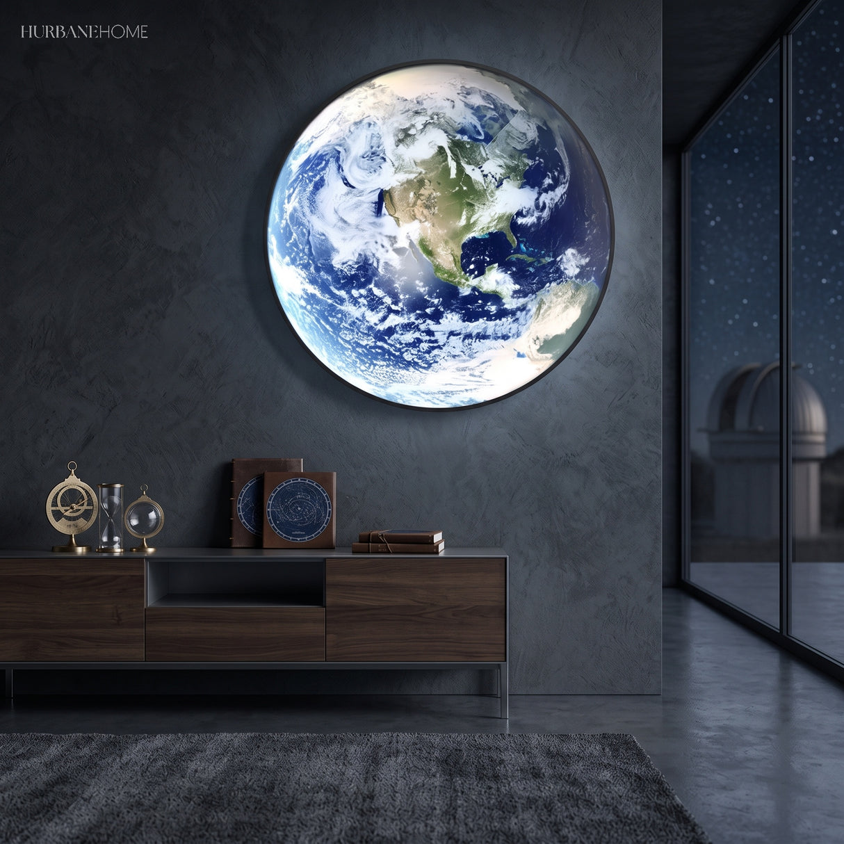 Large illuminated Earth sconce mounted above a dark timber console