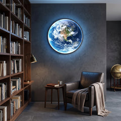 Earth globe light glowing above a bed in a dark bedroom