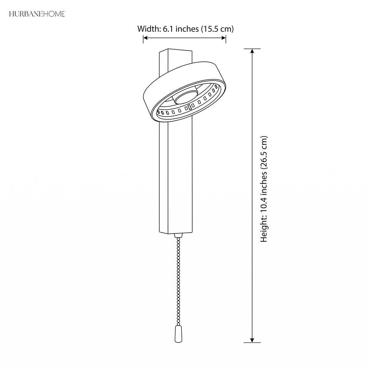 Line drawing showing 6.1 in width and 10.4 in height for the sconce