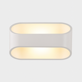 White oval sconce seen from the front with both bands lit