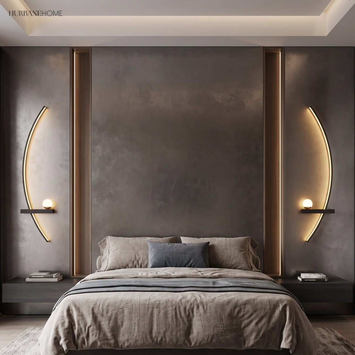 Two black arc wall lights framing a bed in a dark modern bedroom