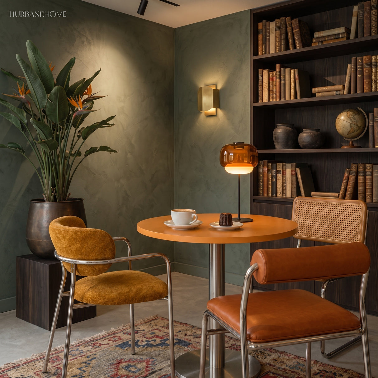 Amber glass table lamp lit on an orange cafe table in a cosy reading nook