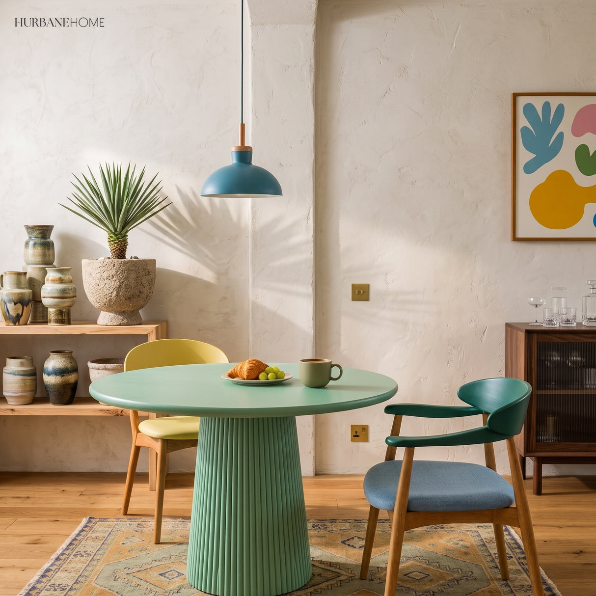 Blue dome pendant light hanging above a green round dining table in a bright room