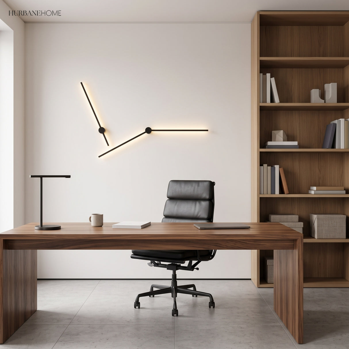 Two black linear wall lights forming an angled line above a walnut office desk