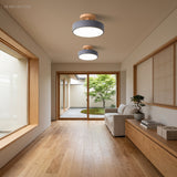 Two gray round ceiling lights lighting a bright wood-floored hallway near a garden