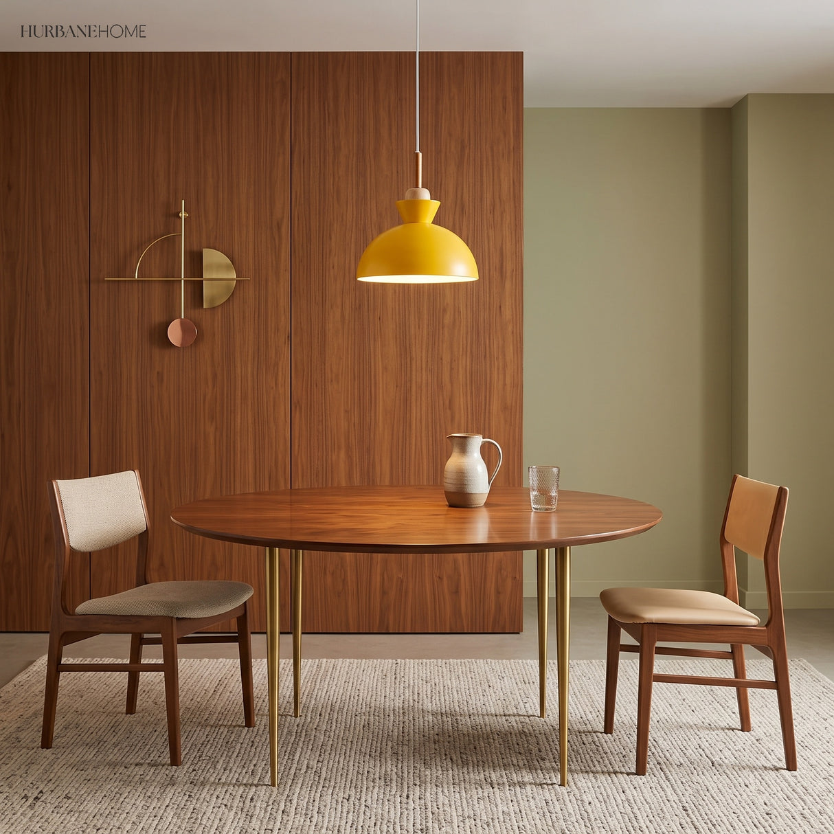 Yellow bell pendant light over a walnut dining table against a wood panel wall